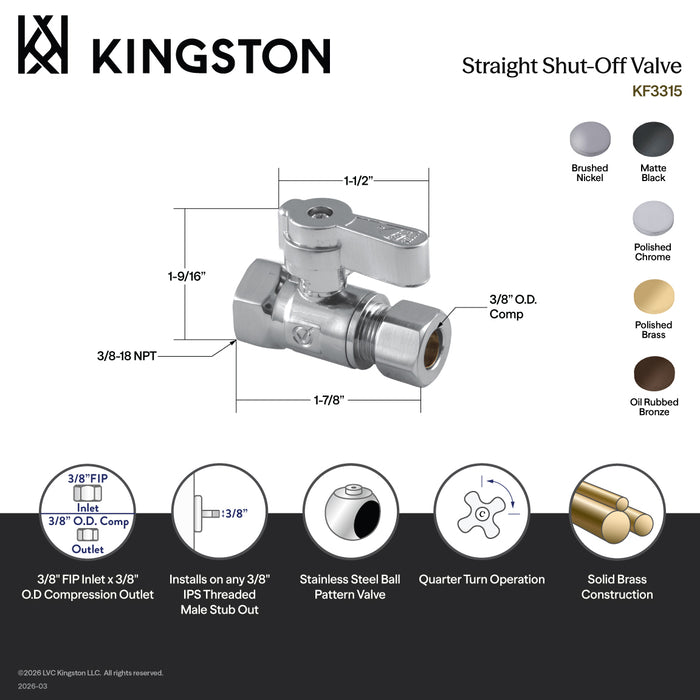 Kingston KF3315SN 3/8-Inch FIP x 3/8-Inch O.D. Comp Quarter-Turn Straight Shut-Off Valve, Brushed Nickel
