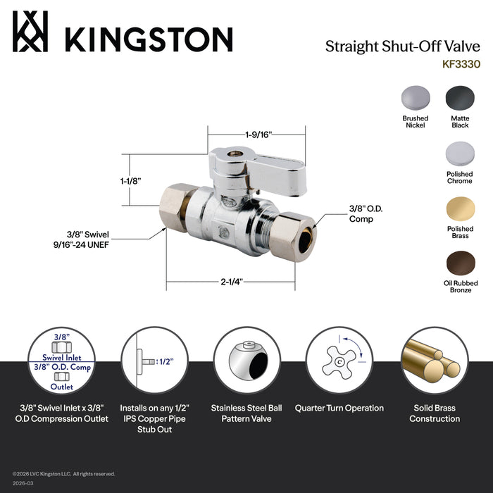 Kingston KF3330PB 3/8-Inch Swivel x 3/8-Inch O.D. Comp Straight Shut-Off Valve, Polished Brass