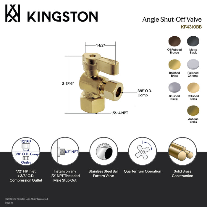 Kingston Baseline KF4310 1/2-Inch FIP x 3/8-Inch O.D. Comp Quarter-Turn Angle Shut-Off Valve, Polished Chrome