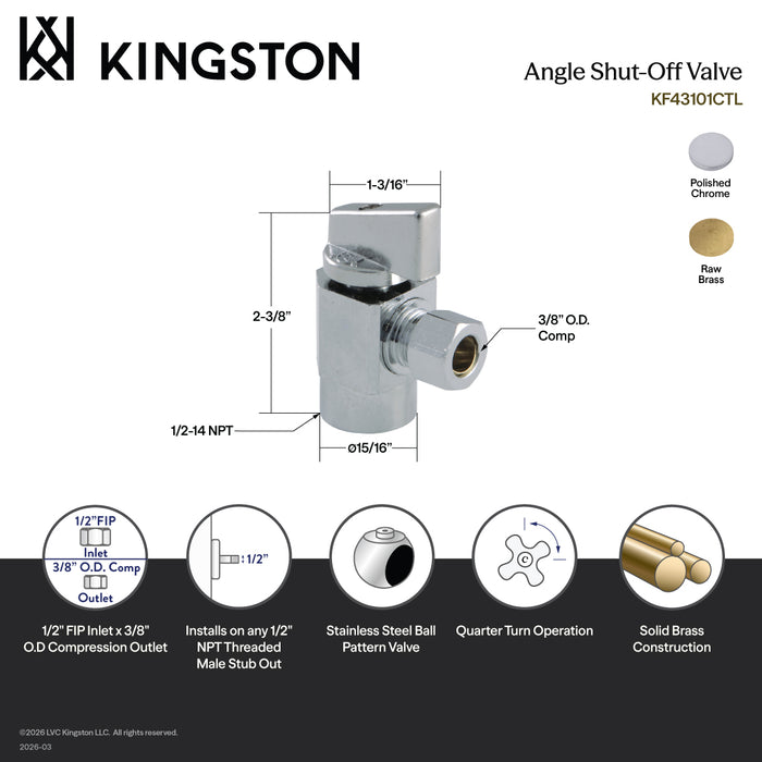 Kingston Columbia KF43104CTL 1/2-Inch FIP x 3/8-Inch O.D. Comp Quarter-Turn Angle Shut-Off Valve, Raw Brass