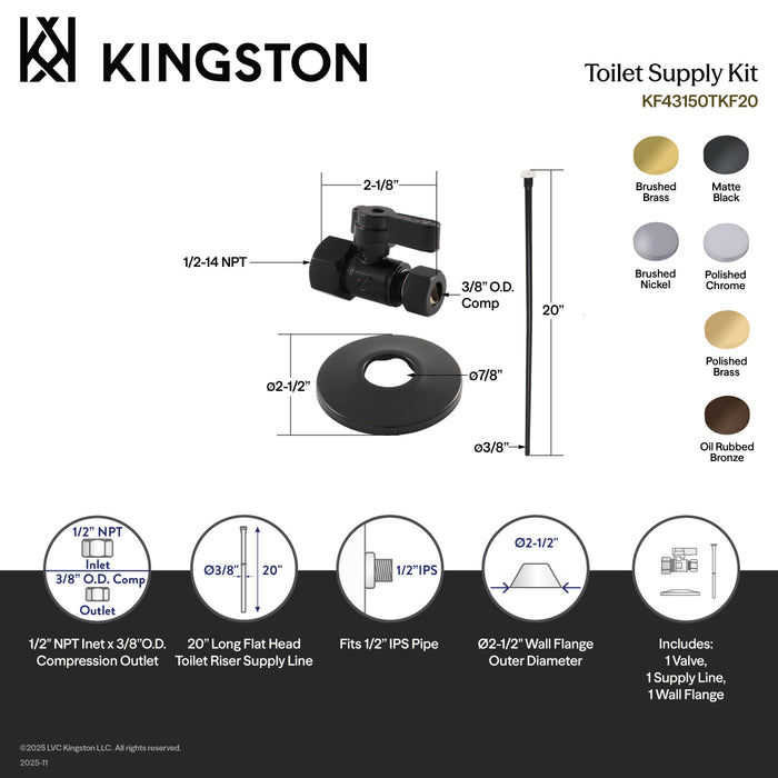 Kingston Trimscape KF43157TKF20 Toilet Supply Kit, 1/2" FIP x 3/8" OD Comp Straight Valve, Brushed Brass