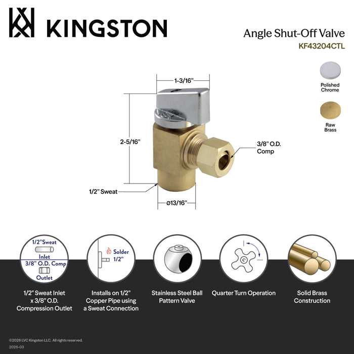 Kingston Columbia KF43204CTL 1/2-Inch Sweat x 3/8-Inch O.D. Comp Angle Shut-Off Valve, Raw Brass