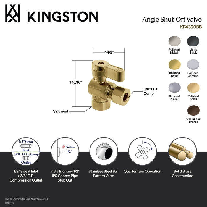 Kingston Baseline KF4320MB 1/2-Inch Sweat x 3/8-Inch O.D. Comp Angle Shut-Off Valve, Matte Black
