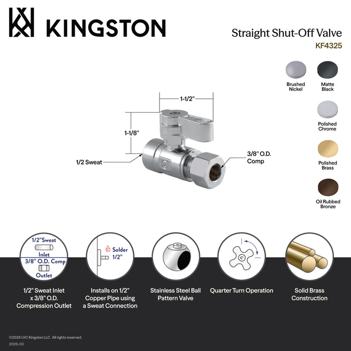 Kingston KF4325MB 1/2-Inch Sweat x 3/8-Inch O.D. Comp Quarter-Turn Straight Shut-Off Valve, Matte Black
