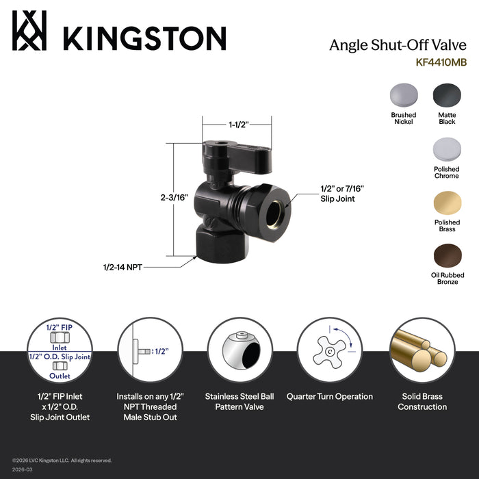 Kingston KF4410ORB 1/2-Inch FIP x 1/2-Inch or 7/16-Inch Slip Joint Quarter-Turn Angle Shut-Off Valve, Oil Rubbed Bronze