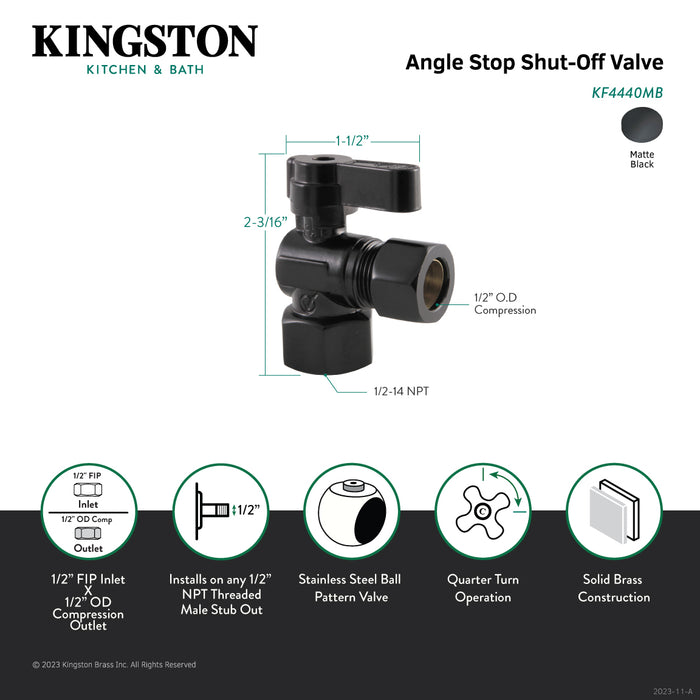 Kingston KF4440MB 1/2-Inch FIP x 1/2-Inch O.D. Comp Quarter-Turn Angle Shut-Off Valve, Matte Black