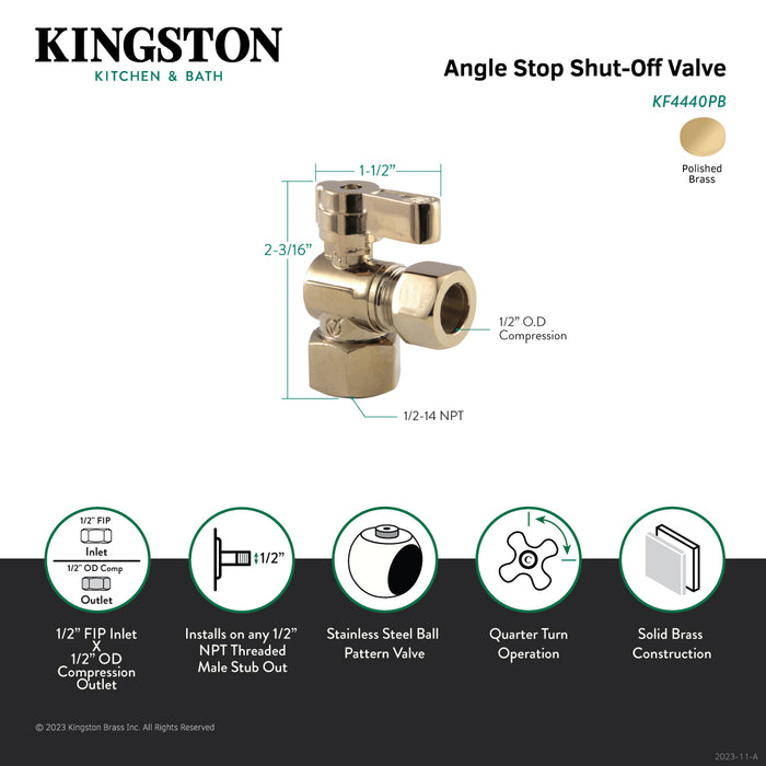 Kingston KF4440PB 1/2-Inch FIP x 1/2-Inch O.D. Comp Quarter-Turn Angle Shut-Off Valve, Polished Brass
