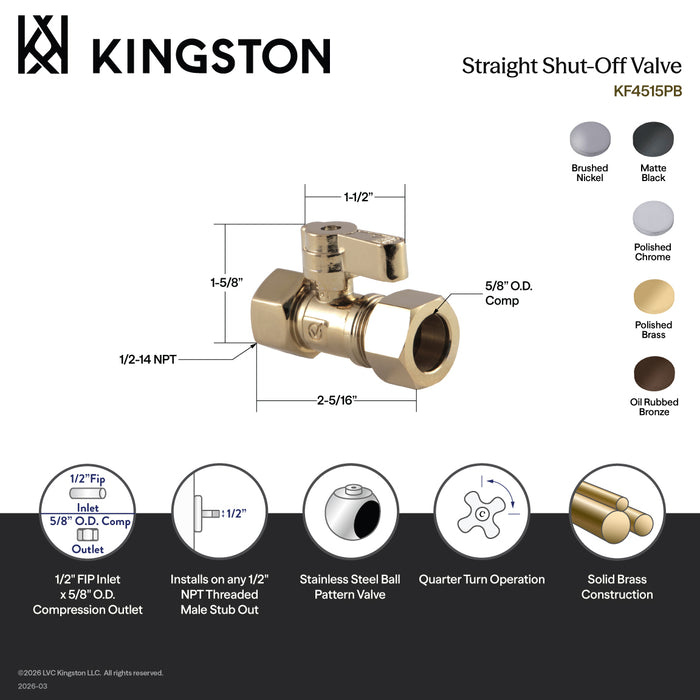 Kingston KF4515MB 1/2-Inch FIP x 5/8-Inch O.D. Comp Quarter-Turn Straight Shut-Off Valve, Matte Black