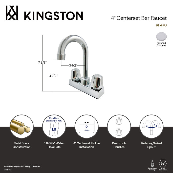 Kingston KF470 Two-Handle 2-Hole Deck Mount Bar Faucet, Polished Chrome