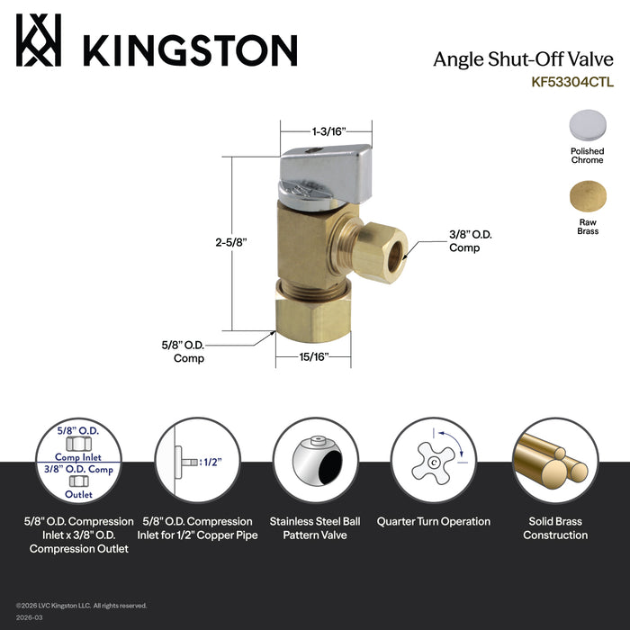 Kingston Columbia KF53301CTL 5/8-Inch O.D. Comp x 3/8-Inch O.D. Comp Quarter-Turn Angle Shut-Off Valve, Polished Chrome