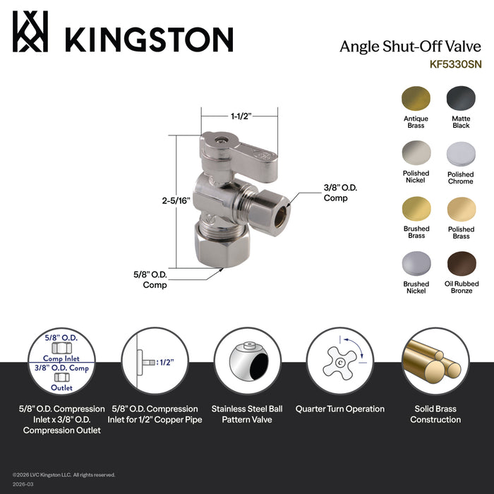 Kingston Baseline KF5330MB 5/8-Inch O.D. Comp x 3/8-Inch O.D. Comp Quarter-Turn Angle Shut-Off Valve, Matte Black