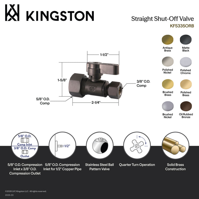 Kingston Baseline KF5335 5/8-Inch O.D. Comp x 3/8-Inch O.D. Comp Quarter-Turn Straight Shut-Off Valve, Polished Chrome