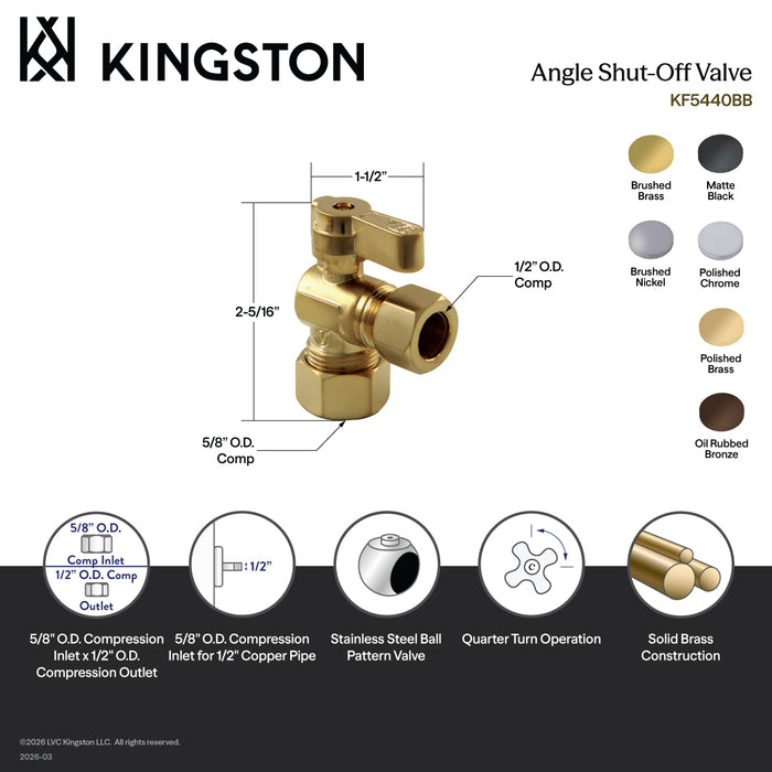 Kingston KF5440BB 5/8-Inch O.D. Comp x 1/2-Inch O.D. Comp Quarter-Turn Angle Shut-Off Valve, Brushed Brass