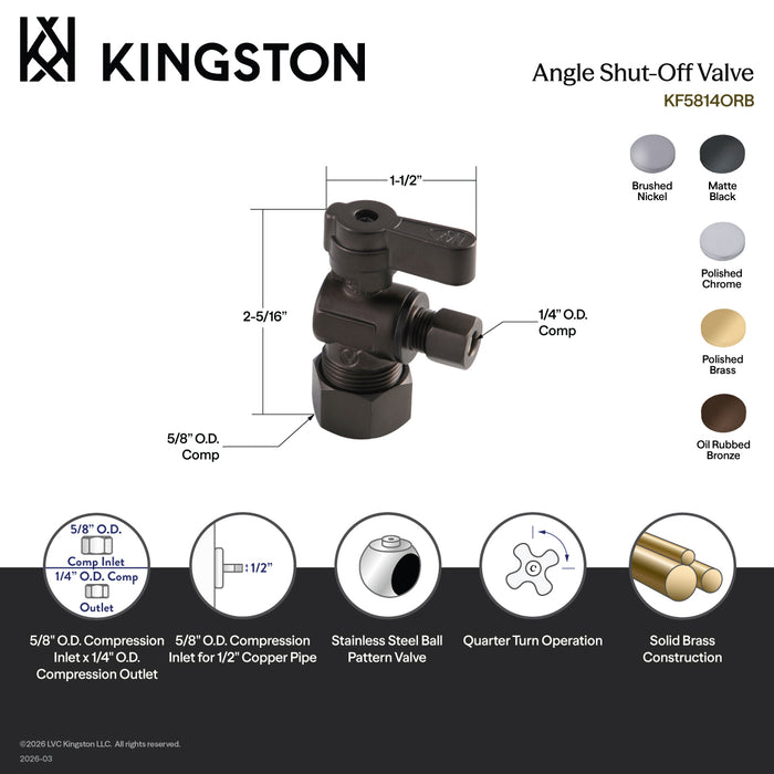 Kingston KF5814ORB 5/8-Inch O.D. Comp x 1/4-Inch O.D. Comp Quarter-Turn Angle Shut-Off Valve, Oil Rubbed Bronze