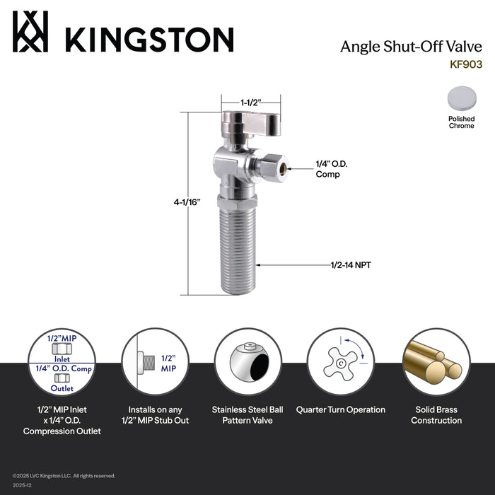 Kingston KF903 1/2-Inch MIP(NPSM) x 1/4-Inch O.D. Comp Angle Shut-Off Valve for Ice Maker, Polished Chrome
