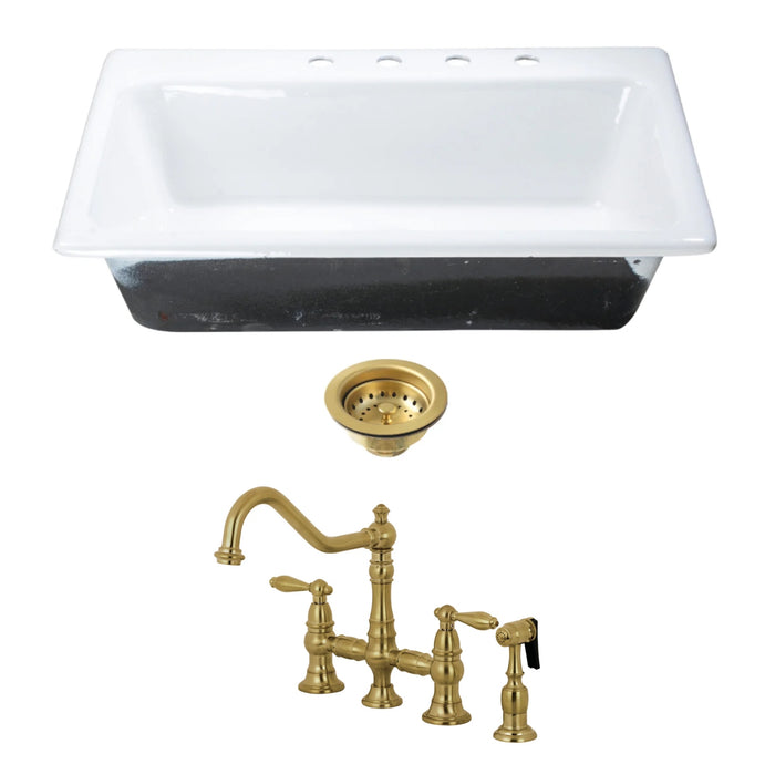 Towne 33-Inch Cast Iron Single Bowl Drop-In Kitchen Sink  with Deck Mount Bridge Kitchen Faucet with Side Sprayer and Basket Strainer, Brushed Brass