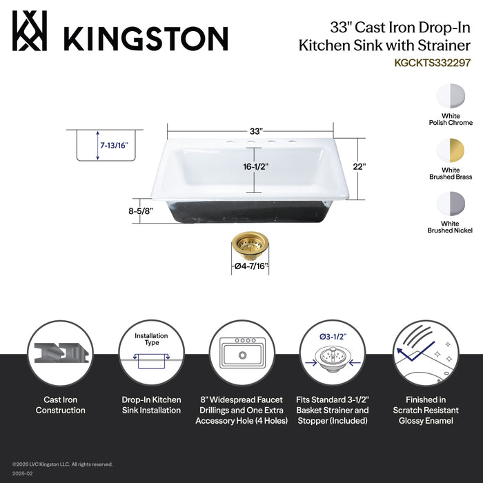 Kingston Heirloom KGCKTS332298 - Towne 33-Inch Cast Iron Self-Rimming Single Bowl Drop-In Kitchen Sink (4-Hole) with Strainer, White/Brushed Nickel