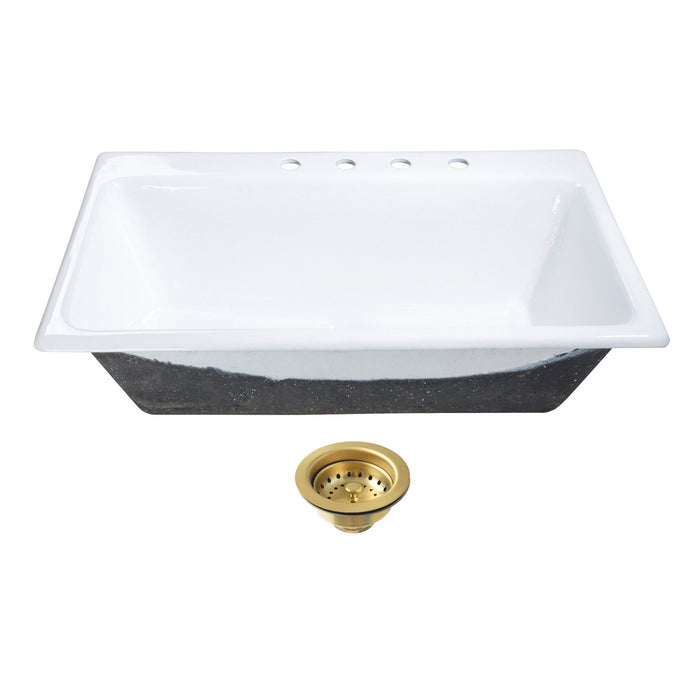 Kingston Heirloom KGCKTS3622117 - Towne 36-Inch Cast Iron Self-Rimming Single Bowl Drop-In Kitchen Sink (4-Hole) with Strainer, White/Brushed Brass