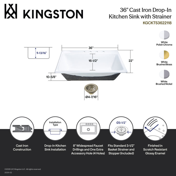 Kingston Heirloom KGCKTS3622118 - Towne 36-Inch Cast Iron Self-Rimming Single Bowl Drop-In Kitchen Sink (4-Hole) with Strainer, White/Brushed Nickel