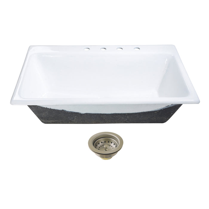 Kingston Heirloom KGCKTS3622118 - Towne 36-Inch Cast Iron Self-Rimming Single Bowl Drop-In Kitchen Sink (4-Hole) with Strainer, White/Brushed Nickel