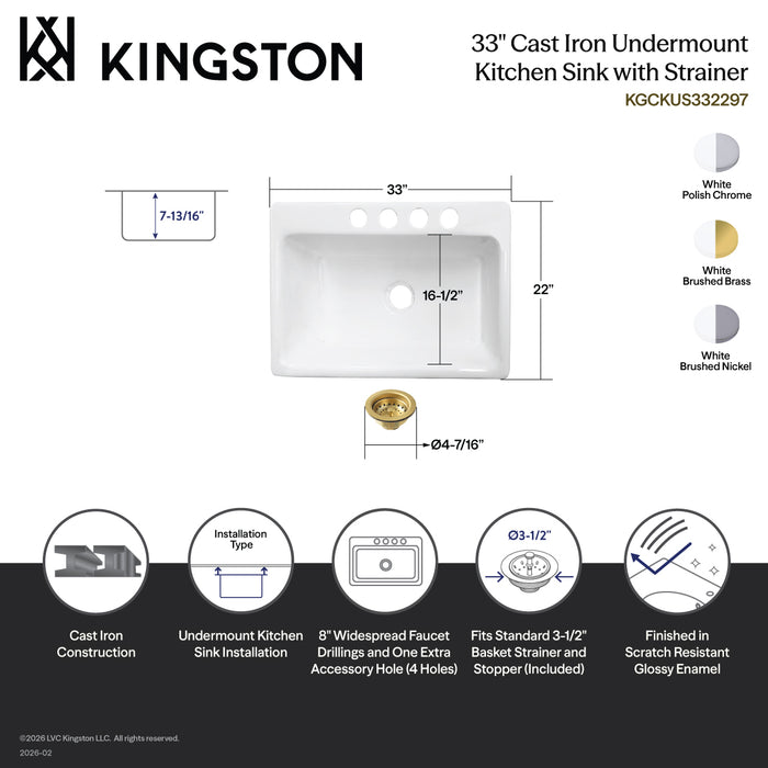 Kingston Tulare KGCKUS332291 - Towne 33-Inch Cast Iron Single Bowl Undermount Kitchen Sink (4-Hole) with Strainer, White/Polished Chrome