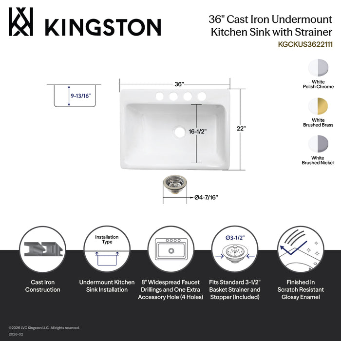 Kingston Tulare KGCKUS3622117 - Towne 36-Inch Cast Iron Single Bowl Undermount Kitchen Sink (4-Hole) with Strainer, White/Brushed Brass