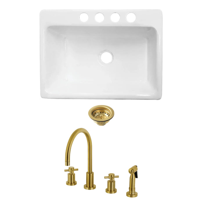 Towne Cast Iron Single Bowl  Undermount Kitchen Sink  with Widespread Kitchen Faucet with Sprayer and Basket Strainer, Brushed Brass