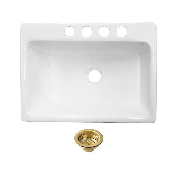 Towne Cast Iron Single Bowl  Undermount Kitchen Sink  with Widespread Kitchen Faucet with Sprayer and Basket Strainer, Brushed Brass
