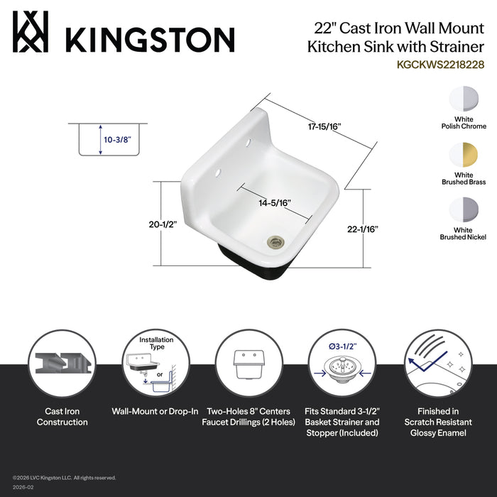 Kingston Heirloom KGCKWS2218221 - Petra Galley 22-Inch Cast Iron Single Bowl Wall Mount Kitchen Sink (2-Hole) with Strainer, White/Polished Chrome
