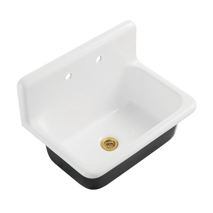 Kingston Heirloom KGCKWS3020107 - Petra Galley 30-Inch Cast Iron Single Bowl Wall Mount Kitchen Sink (2-Hole) with Strainer, White/Brushed Brass