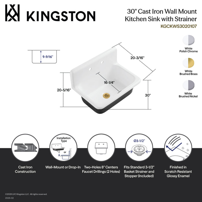 Kingston Heirloom KGCKWS3020108 - Petra Galley 30-Inch Cast Iron Single Bowl Wall Mount Kitchen Sink (2-Hole) with Strainer, White/Brushed Nickel