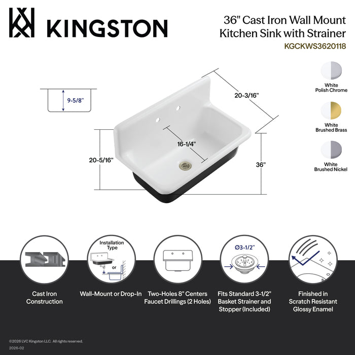 Kingston Heirloom KGCKWS3620118 - Petra Galley 36-Inch Cast Iron Single Bowl Wall Mount Kitchen Sink (2-Hole) with Strainer, White/Brushed Nickel