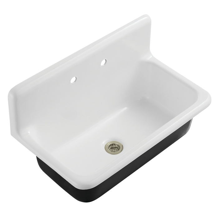Kingston Heirloom KGCKWS3620118 - Petra Galley 36-Inch Cast Iron Single Bowl Wall Mount Kitchen Sink (2-Hole) with Strainer, White/Brushed Nickel