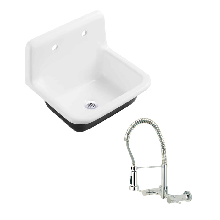 Petra Galley Cast Iron Single Bowl Wall Mount Utility Sink  with Wall-Mount Pre-Rinse Bridge Kitchen Faucet and Basket Strainer, Polished Chrome