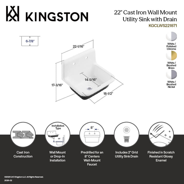 Kingston Heirloom KGCLWS221871 - Petra Galley 22-Inch Cast Iron Single Bowl Wall Mount Utility Sink with Drain, White/Polished Chrome