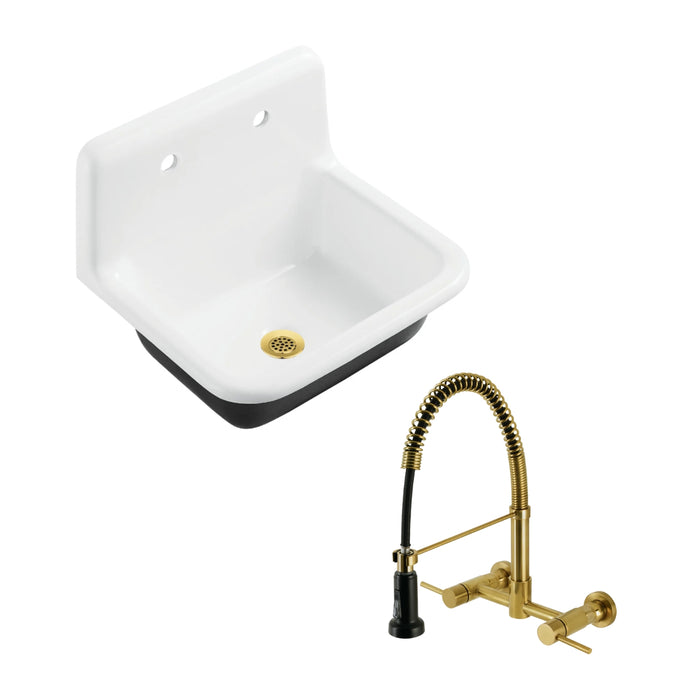 Petra Galley Cast Iron Single Bowl Wall Mount Utility Sink  with Wall-Mount Pre-Rinse Bridge Kitchen Faucet and Basket Strainer, Brushed Brass