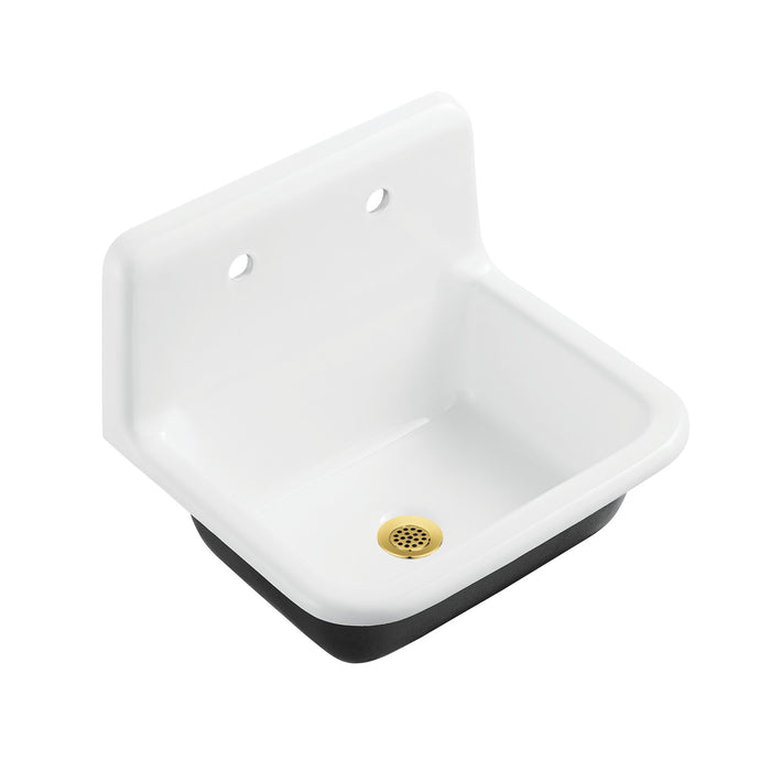 Kingston Heirloom KGCLWS221877 - Petra Galley 22-Inch Cast Iron Single Bowl Wall Mount Utility Sink with Drain, White/Brushed Brass