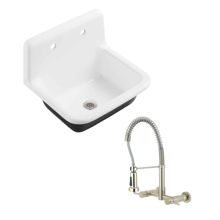 Petra Galley Cast Iron Single Bowl Wall Mount Utility Sink  with Wall-Mount Pre-Rinse Bridge Kitchen Faucet and Basket Strainer, Brushed Nickel