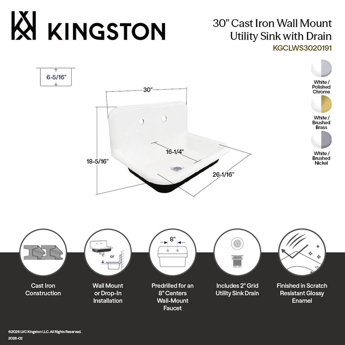 Kingston Heirloom KGCLWS3020197 - Towne 30-Inch Cast Iron Single Bowl Wall Mount Utility Sink with Drain, White/Brushed Brass