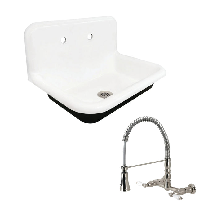 Towne Cast Iron Single Bowl Wall Mount Utility Sink  with Wall-Mount Pre-Rinse Bridge Kitchen Faucet and Basket Strainer, Brushed Nickel