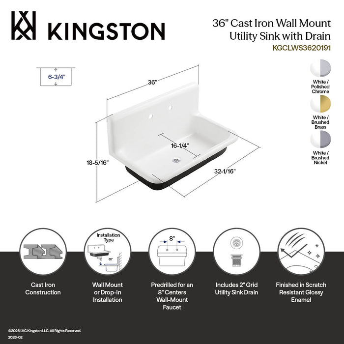 Kingston Heirloom KGCLWS3620191 - Petra Galley 36-Inch Cast Iron Single Bowl Wall Mount Utility Sink with Drain, White/Polished Chrome