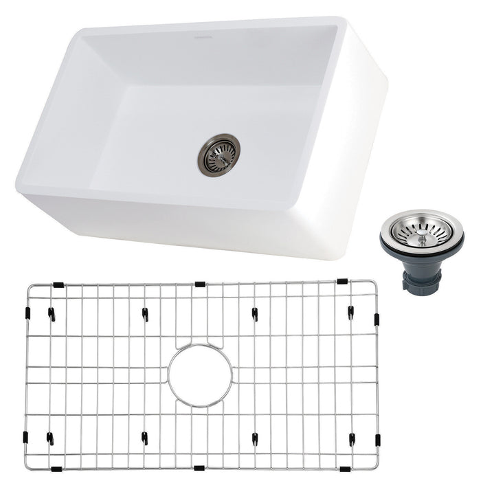 Kingston Heirloom KGKFA301810BC - Arcticstone 30-Inch Solid Surface White Stone Apron-Front Single Bowl Farmhouse Kitchen Sink with Strainer and Grid, Matte White/Brushed