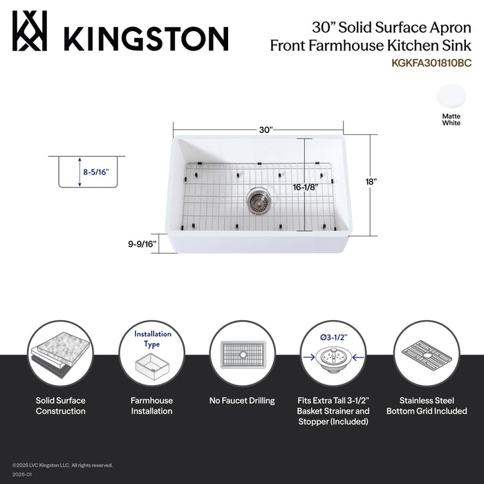 Kingston Heirloom KGKFA301810BC - Arcticstone 30-Inch Solid Surface White Stone Apron-Front Single Bowl Farmhouse Kitchen Sink with Strainer and Grid, Matte White/Brushed