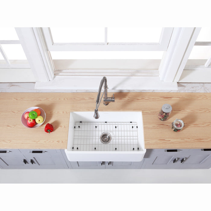 Kingston Heirloom KGKFA301810BC - Arcticstone 30-Inch Solid Surface White Stone Apron-Front Single Bowl Farmhouse Kitchen Sink with Strainer and Grid, Matte White/Brushed