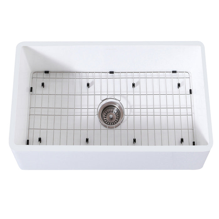 Kingston Heirloom KGKFA301810BC - Arcticstone 30-Inch Solid Surface White Stone Apron-Front Single Bowl Farmhouse Kitchen Sink with Strainer and Grid, Matte White/Brushed