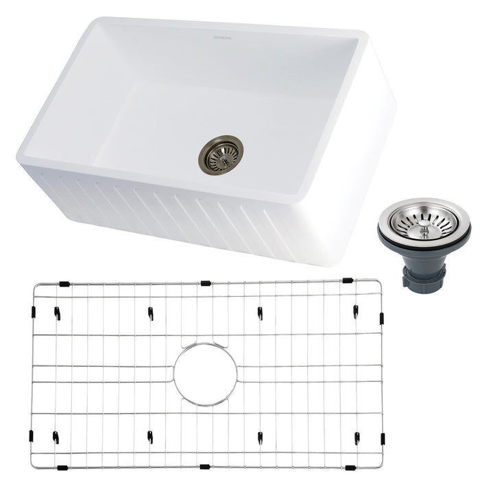 Arcticstone KGKFA301810CD 30-Inch Solid Surface White Stone Apron-Front Single Bowl Farmhouse Kitchen Sink with Strainer and Grid, Matte White/Brushed