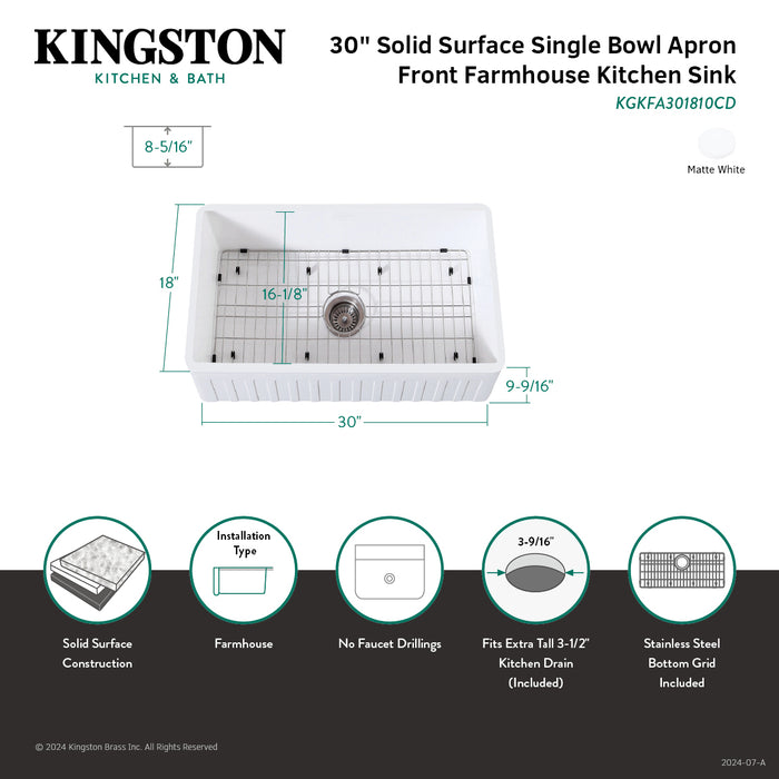 Arcticstone KGKFA301810CD 30-Inch Solid Surface White Stone Apron-Front Single Bowl Farmhouse Kitchen Sink with Strainer and Grid, Matte White/Brushed