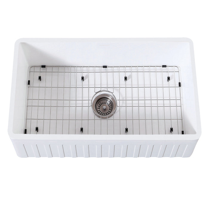 Kingston Sona KGKFA301810CD - Arcticstone 30-Inch Solid Surface White Stone Apron-Front Single Bowl Farmhouse Kitchen Sink with Strainer and Grid, Matte White/Brushed