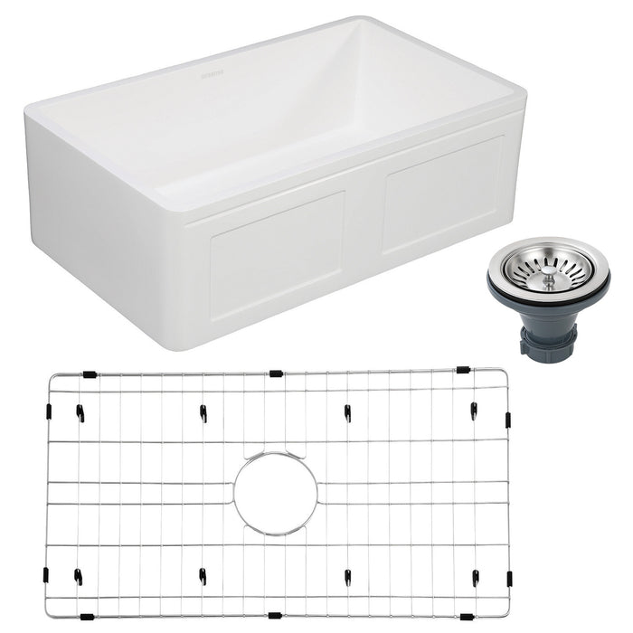 Kingston Heirloom KGKFA301810DS - Arcticstone 30-Inch Solid Surface White Stone Apron-Front Single Bowl Farmhouse Kitchen Sink with Strainer and Grid, Matte White/Brushed