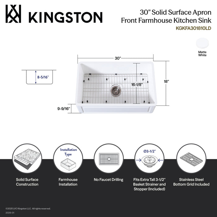 Kingston Arcticstone KGKFA301810LD 30-Inch Solid Surface White Stone Apron-Front Single Bowl Farmhouse Kitchen Sink with Strainer and Grid, Matte White/Brushed